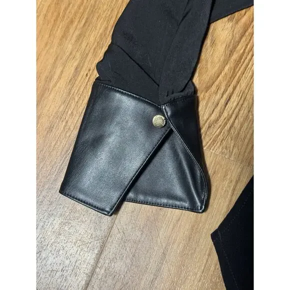 Michael Kors Black Blouse Faux Leather Neckline & Button Cuffs - Women's M - Picture 5 of 7